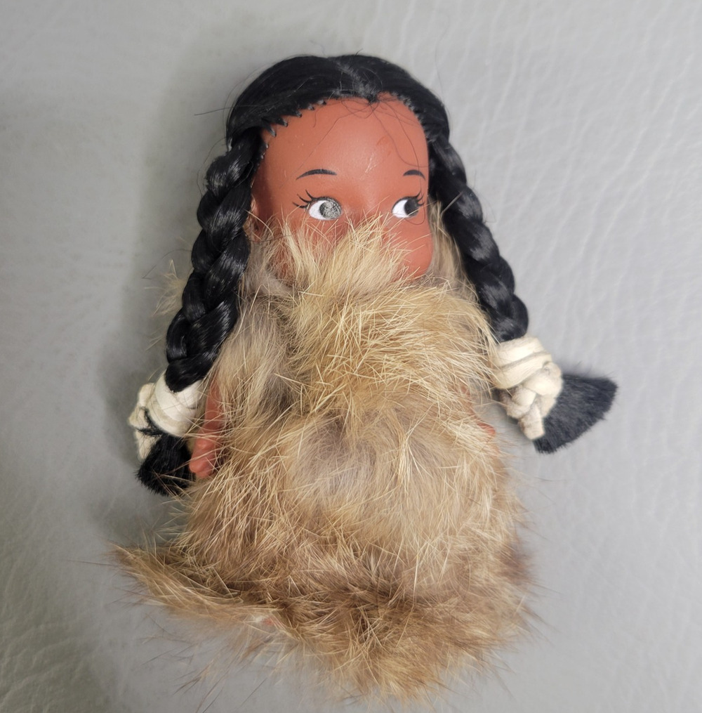 Vintage Eskimo Inuit Indian 6" Doll Baby Real Rabbit Fur Alaska Souvenir